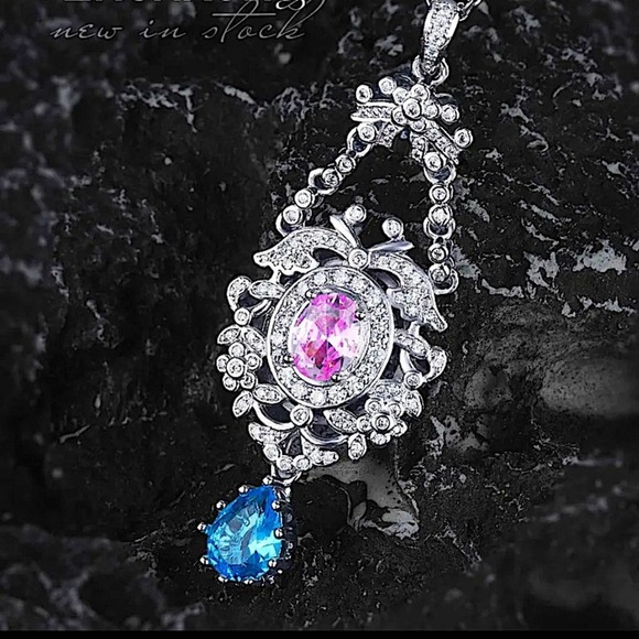 Sterling Silver Pink Blue Cubic Zircon Exquisite Trendy Pendant Necklace - Picture 5 of 5